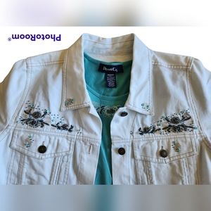 DENIM & Co White jean jacket with embroidery & beading. Matching top si…